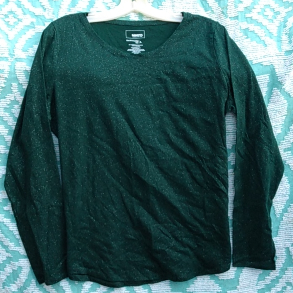 Sonoma Size LARGE The Everyday Tee CHRISTMAS SPARKLING GREEN V NECK LONG SLV TOP